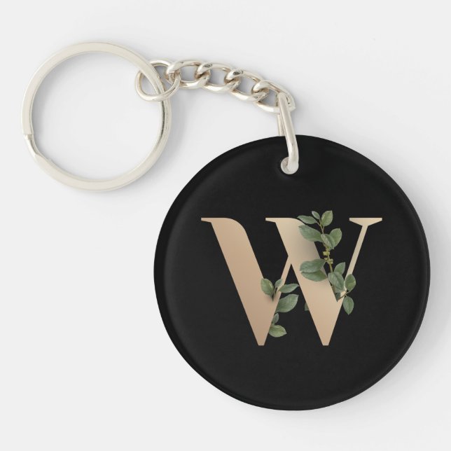 Elegant Botanical Monogram Gold Letter W Key Ring (Front)