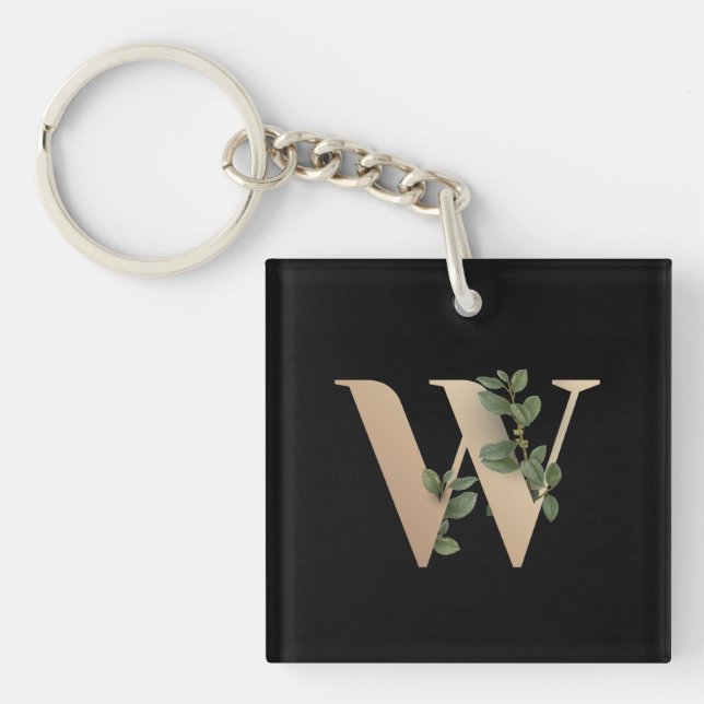 Elegant Botanical Monogram Gold Letter W Key Ring (Front)