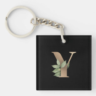 Elegant Botanical Monogram Gold Letter Y Key Ring