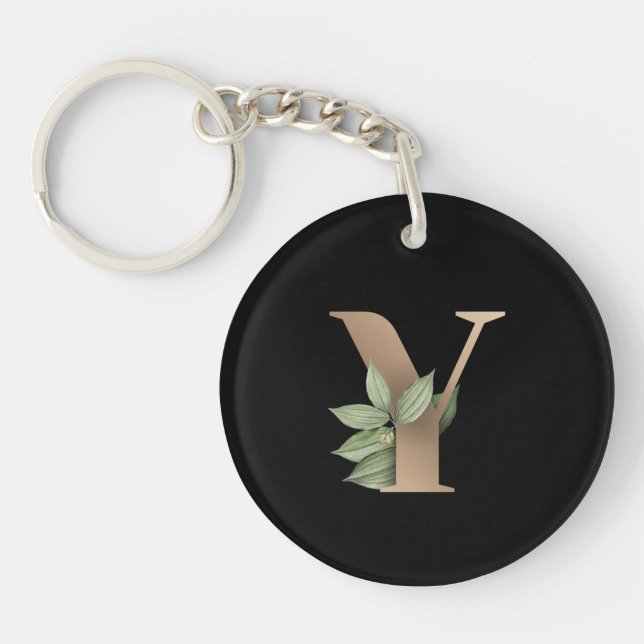 Elegant Botanical Monogram Gold Letter Y Key Ring (Front)