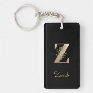 Elegant Botanical Monogram Gold Letter Z Key Ring