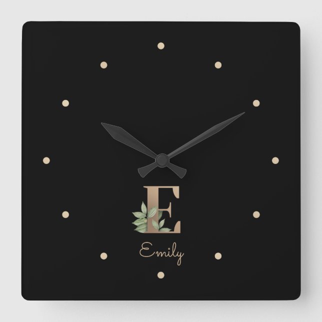 Elegant Botanical Monogram Letter E Square Wall Clock (Front)