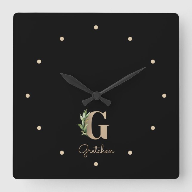 Elegant Botanical Monogram Letter G Square Wall Clock (Front)