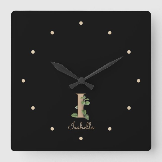 Elegant Botanical Monogram Letter I Square Wall Clock (Front)
