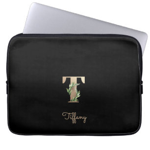 Elegant Botanical Monogram Letter T Laptop Sleeve