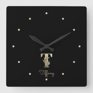 Elegant Botanical Monogram Letter T Square Wall Clock