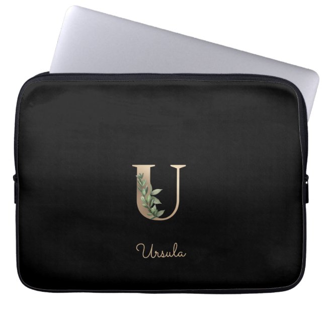 Elegant Botanical Monogram Letter U Laptop Sleeve (Front)