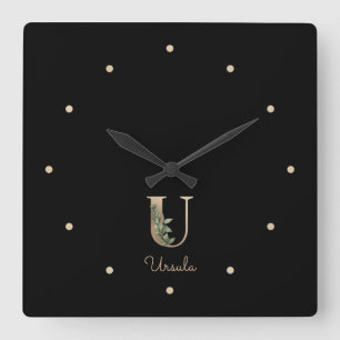 Elegant Botanical Monogram Letter U Square Wall Clock