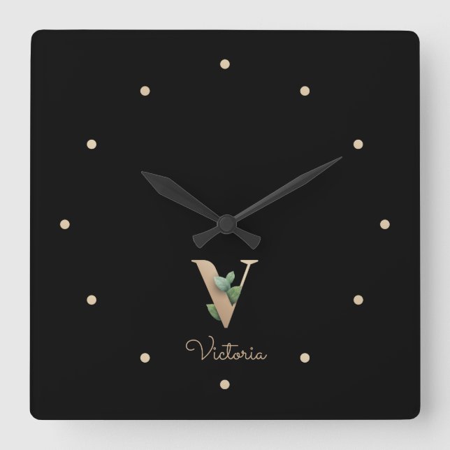Elegant Botanical Monogram Letter V Square Wall Clock (Front)