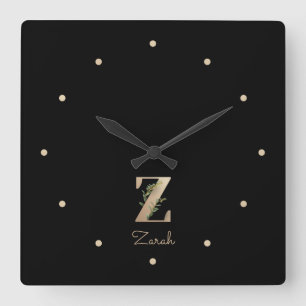 Elegant Botanical Monogram Letter Z Square Wall Clock