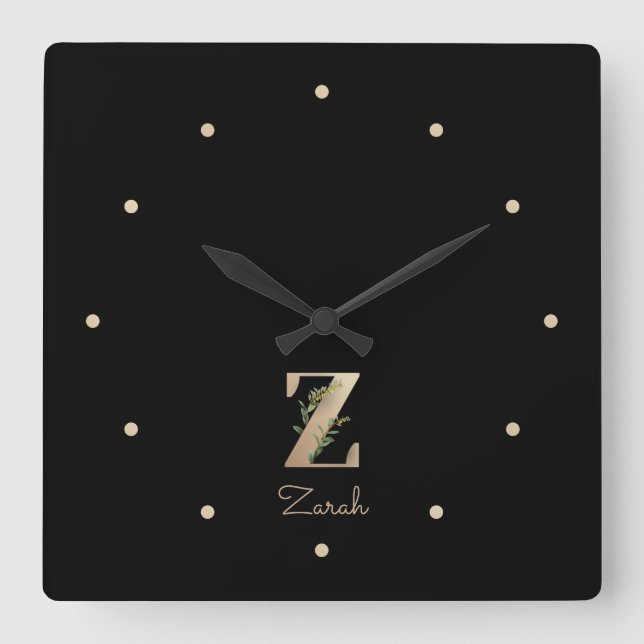 Elegant Botanical Monogram Letter Z Square Wall Clock (Front)