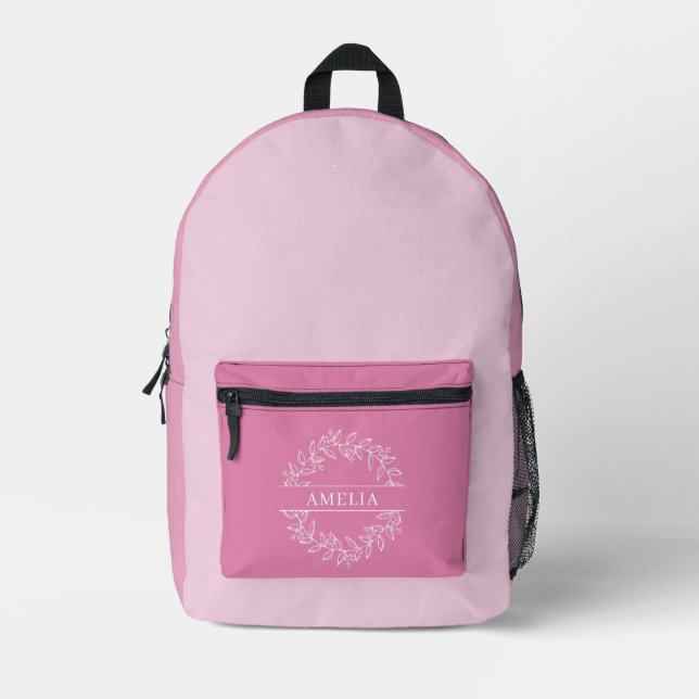 Elegant Botanical Monogram, Pink Printed Backpack (Front)