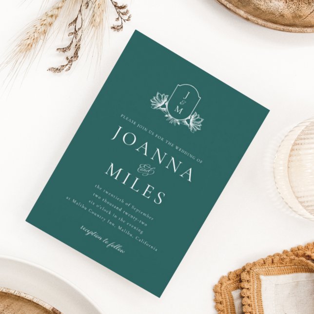 Elegant Botanical Monogram Teal Wedding Invitation (Creator Uploaded)