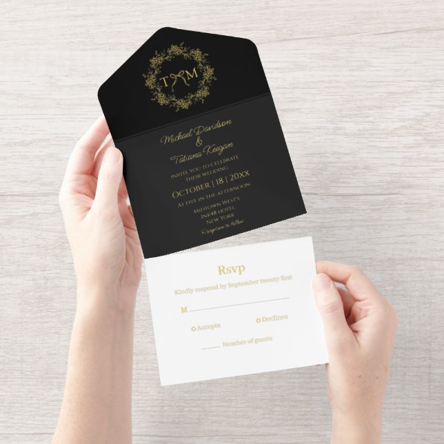 elegant botanical monogram wedding black gold foil all in one invitation (Tearaway)