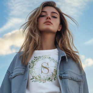 Elegant Botanical Monogram with Custom Name T-Shirt