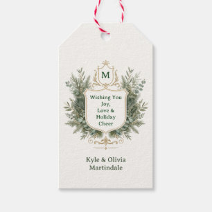Elegant Botanical Monogrammed Crest Holiday Gift Tags