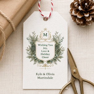 Elegant Botanical Monogrammed Crest Holiday Gift Tags