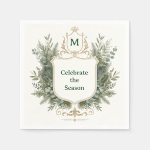 Elegant Botanical Monogrammed Crest Holiday Napkin
