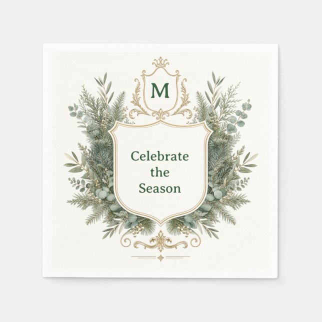 Elegant Botanical Monogrammed Crest Holiday Napkin (Front)