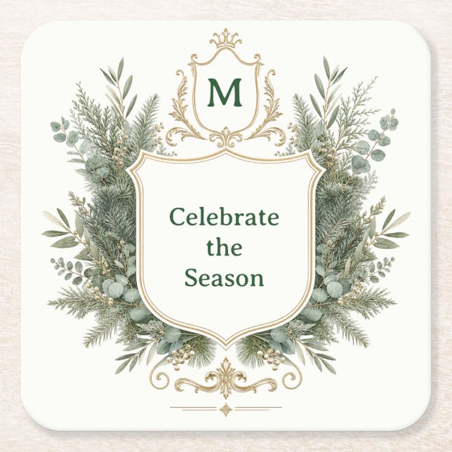 Elegant Botanical Monogrammed Crest Holiday Square Paper Coaster (Front)