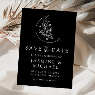 Elegant Botanical Moon and Stars Black and White Save The Date