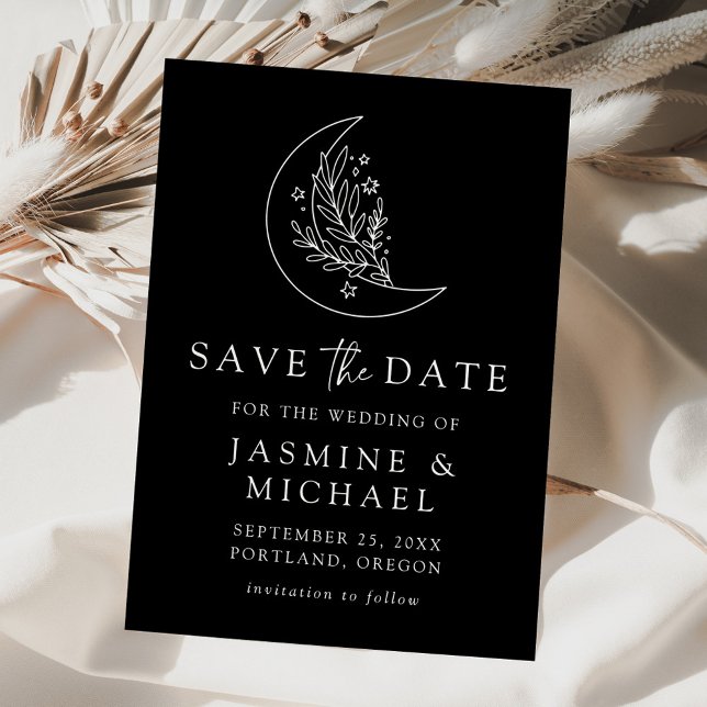 Elegant Botanical Moon and Stars Black and White Save The Date (Creator Uploaded)