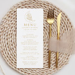 Elegant Botanical Moon and Stars Gold Wedding Menu<br><div class="desc">Designed to coordinate with our Elegant Botanical Moon and Stars wedding collection,  this boho wedding menu features a gold line art illustration of a moon adorned with stars and foliage set against a white background. Personalise the gold moon wedding menu with your names,  wedding date,  and curated menu offerings.</div>