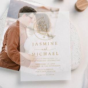 Elegant Botanical Moon and Stars Gold Wedding Vellum Invitations
