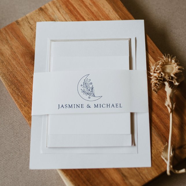 Elegant Botanical Moon and Stars Navy Wedding Invitation Belly Band (Creator Uploaded)