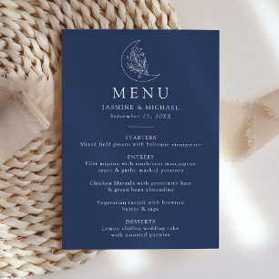 Elegant Botanical Moon and Stars Navy Wedding Menu