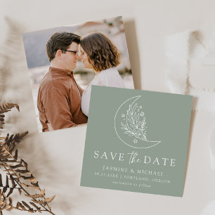 Elegant Botanical Moon and Stars Sage Green Save The Date