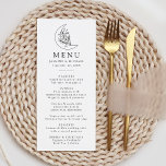 Elegant Botanical Moon and Stars Wedding Menu<br><div class="desc">Designed to coordinate with our Elegant Botanical Moon and Stars wedding collection, this boho wedding menu features a black line art illustration of a moon adorned with stars and foliage set against a white background. Personalise the black and white moon wedding menu with your names, wedding date, and curated menu...</div>