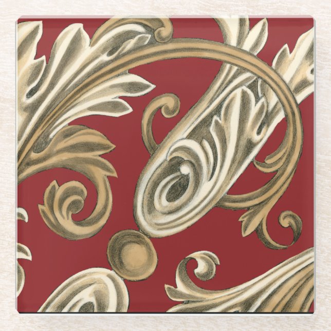 Elegant Botanical Motif with Tan Foliage Glass Coaster (Front)