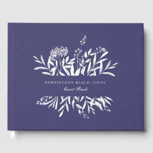 Elegant Botanical Navy Blue Vacation Home Guest Book