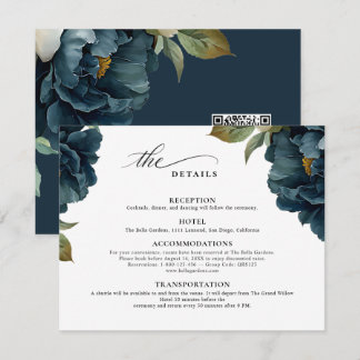 Elegant Botanical Navy Blue Wedding Code RQ RSVP Enclosure Card