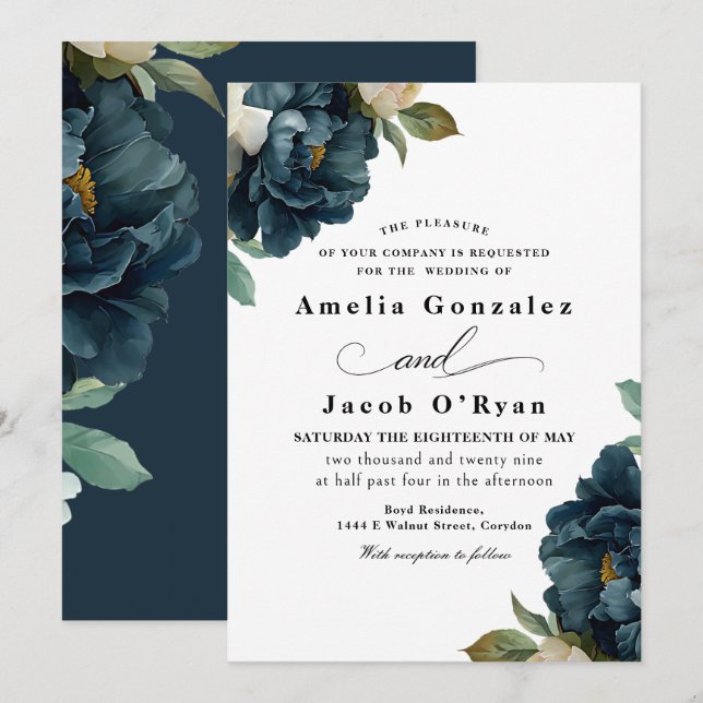 Elegant Botanical Navy Blue Wedding  Invitation (Front/Back)