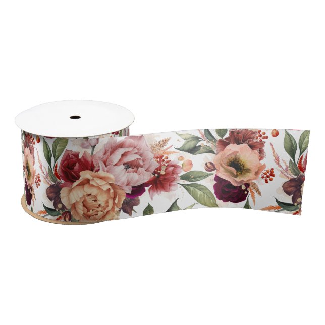 Elegant Botanical Orange and Burgundy Red Floral Satin Ribbon (Spool)