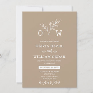 Elegant Botanical Pale Taupe Monogram Wedding Invitation