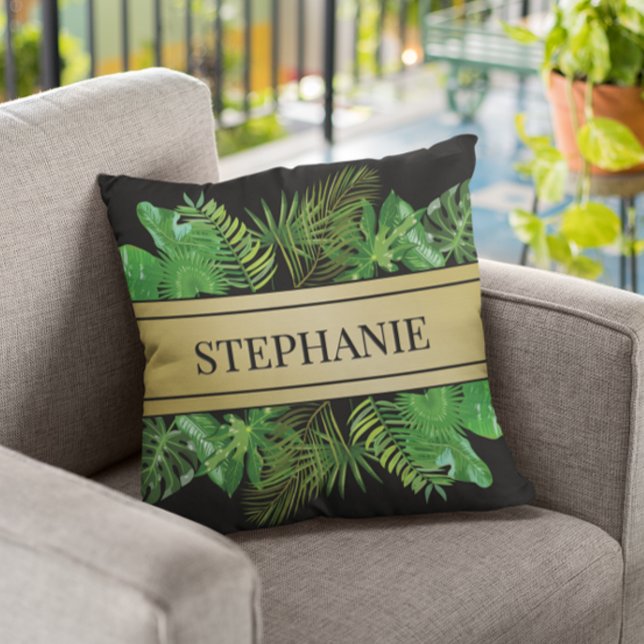 Elegant Botanical Palm Green Faux Gold Pattern Cushion (Creator Uploaded)