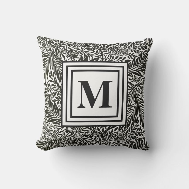 Elegant Botanical Pattern Black and White Monogram Cushion (Front)