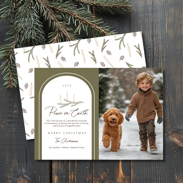 Elegant Botanical Peace on Earth Photo Holiday Card (Shown on a 5" x 7" card)