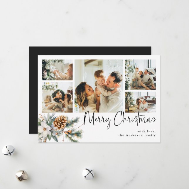 Elegant Botanical & Photo Collage Black Christmas Holiday Card (Front/Back In Situ)