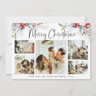 Elegant Botanical & Photo Collage Red Christmas Holiday Card