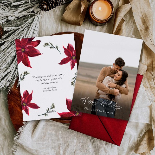 Elegant Botanical Photo Holiday Card (Elegant Poinsettia Photo Holiday Card)