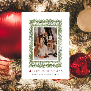 Elegant Botanical Pine Wreath Christmas Photo Holiday Card