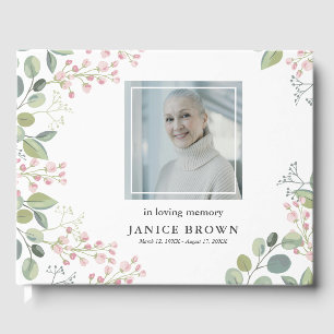 Elegant Botanical Pink Blossom Photo Funeral Guest Book