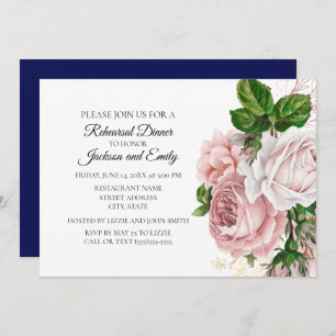 Elegant Botanical Pink Floral Navy White Rehearsal Invitation