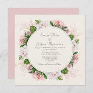 Elegant Botanical Pink Floral Roses Cream Wedding Invitation