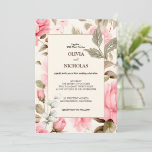 Elegant Botanical Pink Roses Floral  Invitation