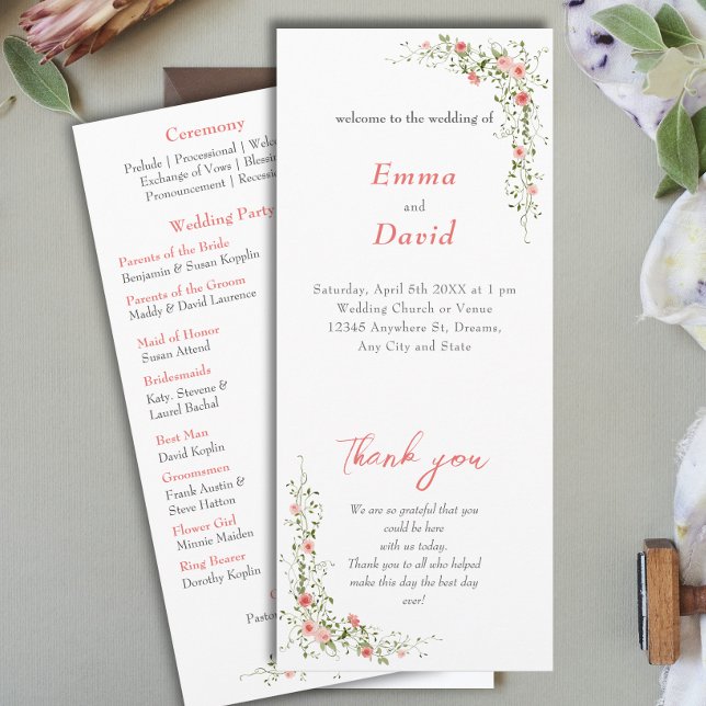 Elegant botanical pink roses Script Wedding Programme (Creator Uploaded)